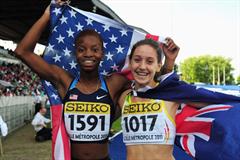 Gold medalist Nnenya HAILEY of USA celebrates with silver medalist Sarah CARLI of Australia after the Girls 400 metres Hurdles final - Day Four - WYC Lille 2011 (Getty Images)