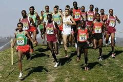 Bekele leads the pack on the first circuit in the short race (Getty Images)
