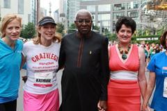 From left: NYRR president and CEO Mary Wittenberg, Mini 10K co-founder Kathrine Switzer, IAAF president Lamine Diack, first winner of the Mini 10K in 1972 Jacqueline Dixon, and Mini 10K co-founder Nina Kuscsik (Courtesy NYRR)