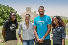 Brittney Reese, Allyson Felix, Christian Taylor and Shelly-Ann Fraser-Pryce outside the Olympics Past and Present Exhibition in Doha (Organisers)