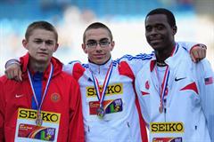 Gold medal winner Gael LEVECQUE of France (c) celebrates with Silver medalist Usman USMANOV of Russia and Justin FONDREN of USA after the Boys High Jump final during day fou (Getty Images)