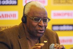 IAAF President Lamine Diack at the official IAAF Press Conference for the 40th edition of the IAAF World Cross Country Championships in Bydgoszcz, Poland, Saturday 23 March (Getty Images)