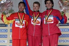 The medallist of the men's 50km: left to right Yu, Voyevodin and Andronov (Getty Images)