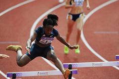 Amber Bryant-Brock of The United States in the Girls 400m Hurdles qualifying at the 2010 Youth Olympic Games in Singapore (XINHUA/ SYOGOC-Pool/ Liu Jie)