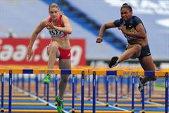Trinity Wilson of the USA on her way to winning gold in the Girls' 100m Hurdles (Getty Images)