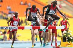 Conseslus Kipruto leads from Paul Kipsiele Koech in the 3000m Steeplechase heats at the 2013 IAAF World Championships in Moscow (Getty Images)