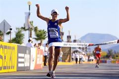 Eider Arevalo celebrates winning the junior 20km and Colombia's first ever gold medal in Chihuahua (IAAF.org)