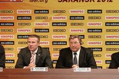 From Left to Right: IAAF General Secretary Essar Gabriel, IAAF Vice President Sergey Bubka, Vladimir Volkov, Interim Head of the Republic of Mordovia and Vladimir Sushkin, Mayor of Saransk at the IAAF World Race Walking Cup official Press Conference (Getty Images)
