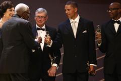 IAAF President Lamine Diack, IAAF Hall of Fame members Irina Szewinska, Peter Snell, Dan O'Brien and Ed Moses at the IAAF Centenary Gala in Barcelona (Giancarlo Colombo)