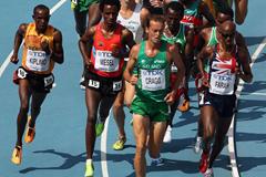 L-R) Abraham Kiplimo of Uganda, Amanuel Mesel of Eritrea, Alistair Ian Cragg of Ireland and Mohamed Farah of Great Britain lead the pack in the men's 5000 metres heats during day six (Getty Images)