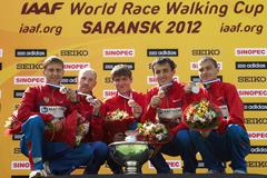 The men's Russian team victorious in Saransk: Sergey Kirdyapkin, Igor Erokhin, Sergey Bakulin, Mikhail Ryzhov and Ivan Noskov (Getty Images)