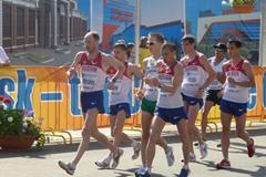 Jared Tallent and the 5 Russian walkers leading in the 50km  (IAAF)