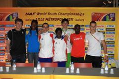Gold Medal winners: Left to right Jacko GILL (NZL), Shaunae MILLER (BAH), Gael LEVECQUE (FRA), Sokhna GALLE (FRA), Jake Stein (AUS), Leonard Kirwa KOSENCHA (KEN) and Bence PASTOR (HUN) (Giancarlo Colombo)