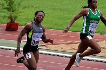 Ruddy Zang Milama of Gabon wins the women's 100m ahead of Blessing Okagbare (Yomi Omogbeja/AthleticsAfrica.Com)