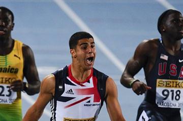 Adam Gemili of Great Britain wins his Men's 100 metres Final whereas Aaron Ernest (USA) is second, and Odean Skeen (JAM) has the third place on the day two of the 14th IAAF World Junior Championships in Barcelona (Getty Images)