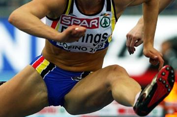 Belgium's Eline Berings powers to gold in the 60m hurdles at the 2009 European indoors (Getty Images)