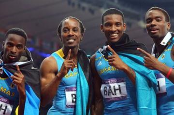 Chris Brown of the Bahamas, Demetrius Pinder of the Bahamas, Michael Mathieu of the Bahamas and Ramon Miller of the Bahamas celebrate winning gold in the Men's 4 x 400m Relay Final on Day 14 of the London 2012 Olympic Games at Olympic Stadium on August 10, 2012 (Getty Images)