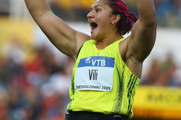 Valerie Vili celebrates her huge heave of 21.07m in the women's Shot (Getty Images)