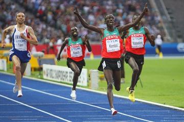 Ezekiel Kemboi of Kenya celebrates as he crosses the line to win the gold medal and set the championship record in the men's 3000m Steeplechase final in the Berlin Olympic Stadium (Getty Images)