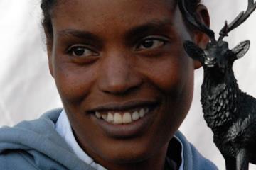 Dinkinesh Mekash after winning the Loch Ness Marathon (Running Across Borders)