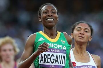 Abeba Aregawi of Ethiopia crosses the line in the Women's 1500m Semifinals on Day 12 of the London 2012 Olympic Games at Olympic Stadium on August 8, 2012 (Getty Images)