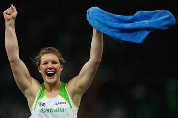 Dani Samuels of Australia looks thrilled to win the women's Discus at the 12th World Championships in Athletics in the Berlin Olympic Stadium (Getty Images)