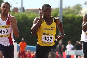 David Bolarinwa (c) wins the 100m men's at the UK U20 Championships & World Trials at Bedford (Getty Images)