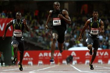 Usain Bolt clocks a superb 9.79 seconds in the 100m as his training partners Daniel Bailey and Yohan Blake join him under 10 seconds (Getty Images)