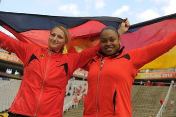 Anna Ruh (L) and Shanice Craft of Germany pose after winning gold and silver medal on the Women's Discus Throw Final on day six of the 14th IAAF World Junior Championships in Barcelona on 15 July 2012 (Getty Images)