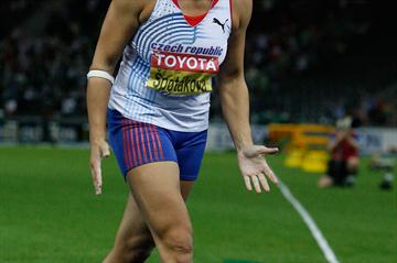 World Record holder Barbora Spotáková of the Czech Republic looks angry with herself following a throw in the women's Javelin Throw final, ultimately she finished second with 66.42m (Getty Images)