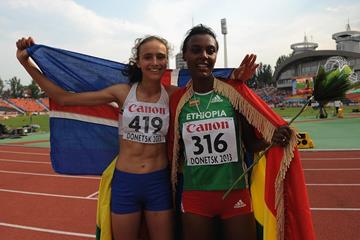 Gold medallist Anita Hinriksdottir and silver medallist Dureti Edao after the 800m at the 2013 IAAF World Youth Championships (Getty Images)