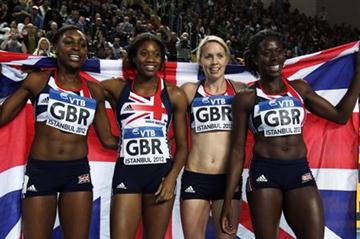(L-R) Perri Shakes-Drayton, Shana Cox, Nicola Sanders and Christine Ohuruogu of Great Britain celebrate as they win gold in the Women’s 4x400 Metres Final during day three - WIC Istanbul (Getty Images)