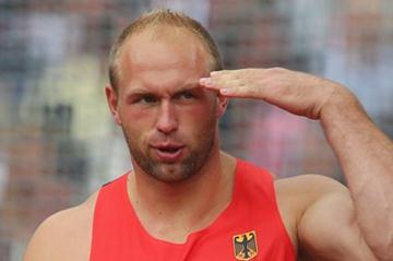Robert Harting of Germany reacts as he competes in the Men's Discus Throw qualification on Day 10 of the London 2012 Olympic Games at the Olympic Stadium on August 6 2012 (Getty Images)