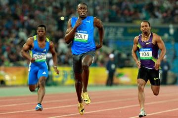 Usain Bolt on his way to a 9.86 win in the Daegu World Challenge meeting (Getty Images)