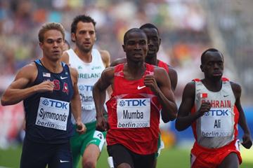 (L-R) Nick Symmonds of the United States, Prince Mumba of Zambia and Belal Mansoor Ali of Bahrain in the second of the men's 800m heats in Berlin (Getty Images)