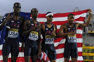 Quincy Downing, Aldrich Bailey, Chidi Okezie and Arman Hallof USA celebrate after winning the Men's 400 metres Relay Final on day six of the 14th IAAF World Junior Championships in Barcelona on 15 July 2012 (Getty Images)
