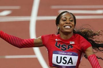 Sanya Richards-Ross of the United States celebrates after winning gold in the Women's 4 x 400m Relay Final of the London 2012 Olympic Games on 11 August 2012 (Getty Images)