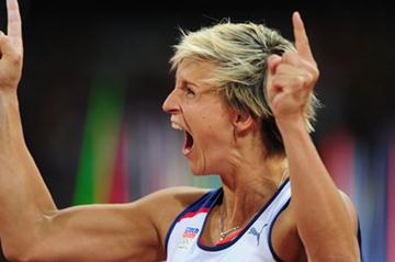 Gold winner Barbora Spotakova of Czech Republic celebrating her victory in the Women's Javelin Throw Final of the London 2012 Olympic Games on August 9, 2012 (Getty Images)