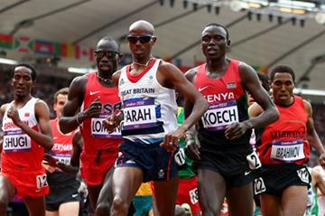 (L-R) Bilisuma Shugi of Bahrain, Lopez Lomong of the United States, Mo Farah of Great Britain, Isiah Kiplangat Koech of Kenya and Hayle Ibrahimov of Azerbaijan compete in the Men's 5000m Round 1 Heats on Day 12 of the London 2012 Olympic Games at Olympic Stadium on August 8, 2012 (Getty Images)