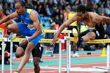 Aries Merritt flying through the damp air in Crystal Palace to 12.93sec victory (Mark Shearman )