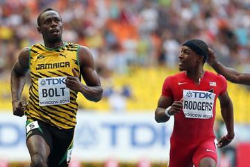 Usain Bolt and Mike Rodgers in the mens 100m at the IAAF World Athletics Championships Moscow 2013 (Getty Images)