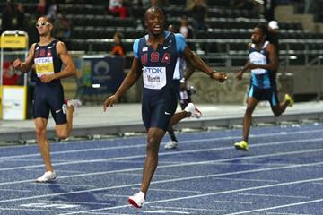 LaShawn Merritt of the United States looks at the clock as he crosses the line to win the gold medal in the men's 400m final in Berlin (Getty Images)