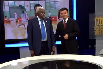 IAAF President Lamine Diack with Jiang Heping in one of the production studios at CCTV Tower (IAAF)