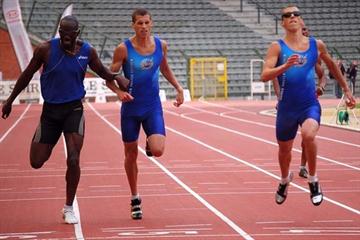 Brussels on 12 July 2008, won by Kevin Borlée (45.21) at right, ahead of Leslie Djhone, left (45.35) and Jonathan Borlée (45.38), centre (Remi Van Ophem)