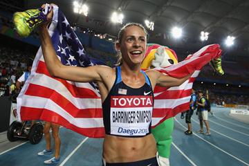 Jennifer Barringer Simpson of United States celebrates after claiming gold in the women's 1500 metres final (Getty Images)