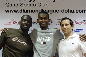 Teddy Tamgho, Mutaz Essa Barshim and Renaud Lavillenie on the eve of the Samsung Diamond League Doha (Bob Ramsak)