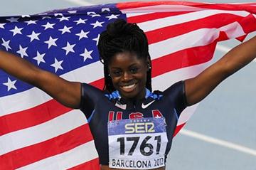 Morgan Snow of United States celebrates winning the Women's 100 metres hurdles Final on day six of the 14th IAAF World Junior Championships in Barcelona on 15 July 2012 (Getty Images)