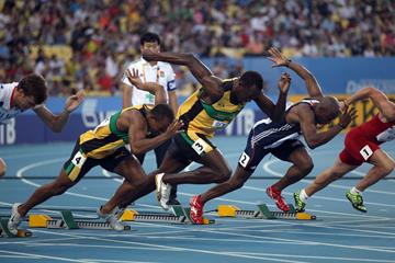 Usain Bolt of Jamaica pushes off to start his men's 100 metres semi final during day two (Getty Images)