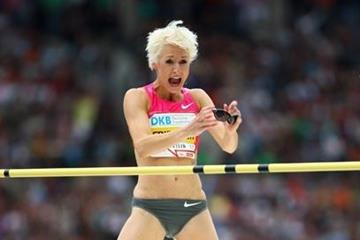 Following a series of explosive jumps, Ariane Friedrich celebrates a huge pb, national record and world leading height of 2.06m (Getty Images)