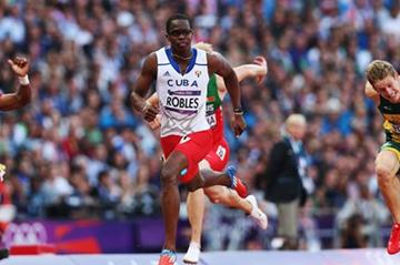 (L-R) Jeff Porter of the United States, Dayron Robles of Cuba and Lehann Fourie of South Africa compete in the Men's 110m Hurdles Semifinals on Day 12 of the London 2012 Olympic Games on 8 August 2012 (Getty Images)